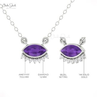 Evil Eye Marquise Necklace In Solid 14k Gold Amethyst And Diamond Hallmark Dainty Jewelry