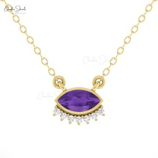 Evil Eye Marquise Necklace In Solid 14k Gold Amethyst And Diamond Hallmark Dainty Jewelry