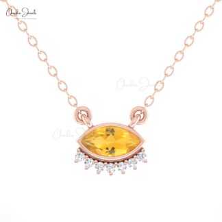 Marquise Citrine Dainty Necklace With Diamond Prong Set In 14k Solid Gold Fine Jewelry