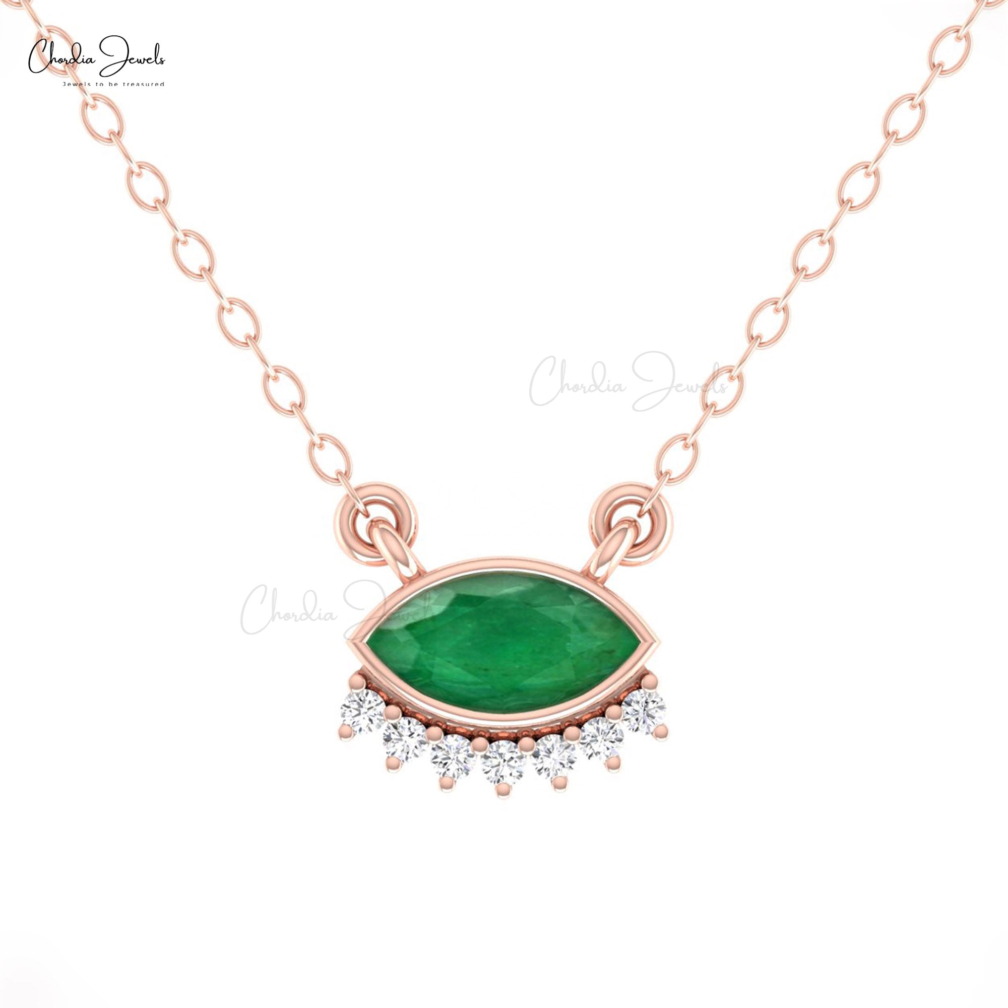 Marquise Floating Necklace In 14k Real Gold Emerald And Diamond Dainty Chain Necklaces