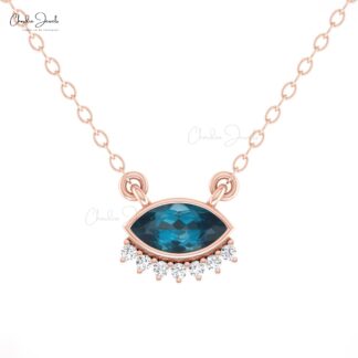 Solid 14k Gold Floating Necklace In 0.35 Ct London Blue Topaz And Diamond Eye Necklaces