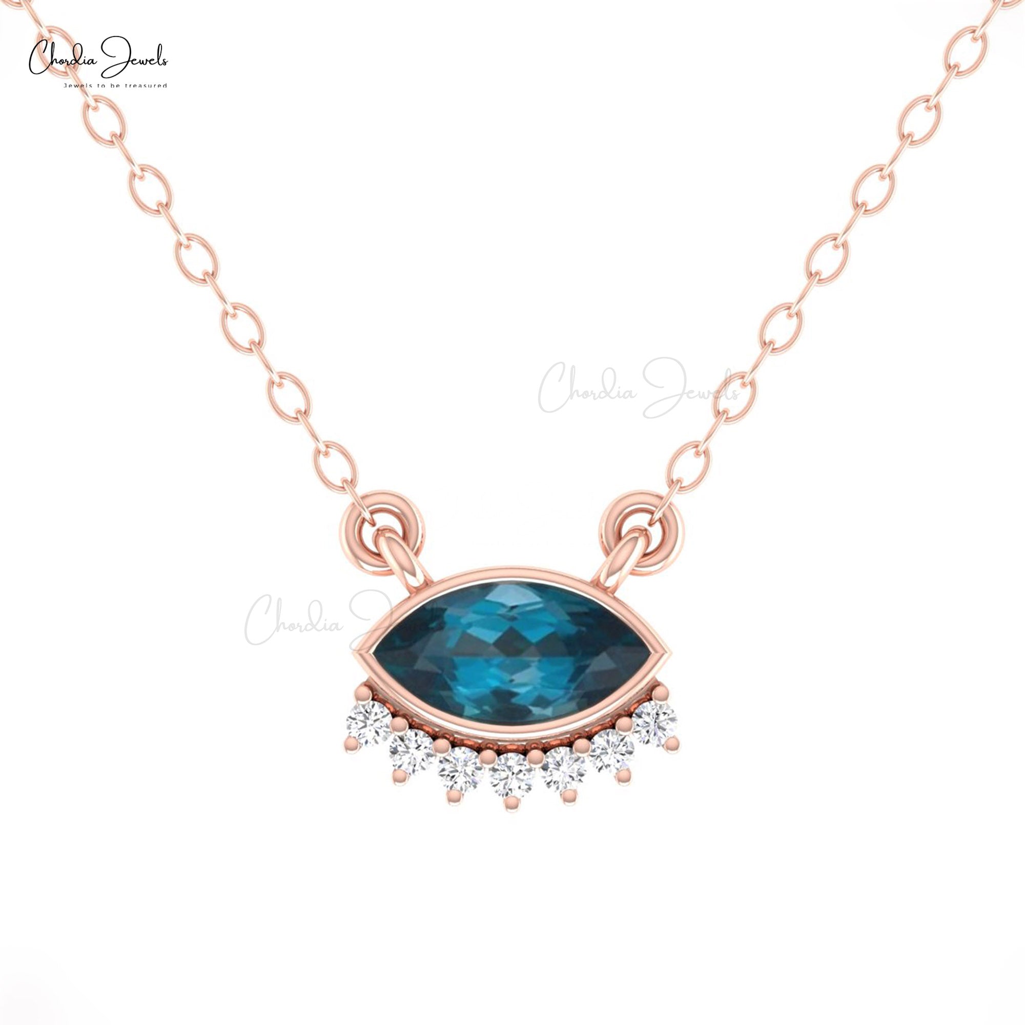 Solid 14k Gold Floating Necklace In 0.35 Ct London Blue Topaz And Diamond Eye Necklaces