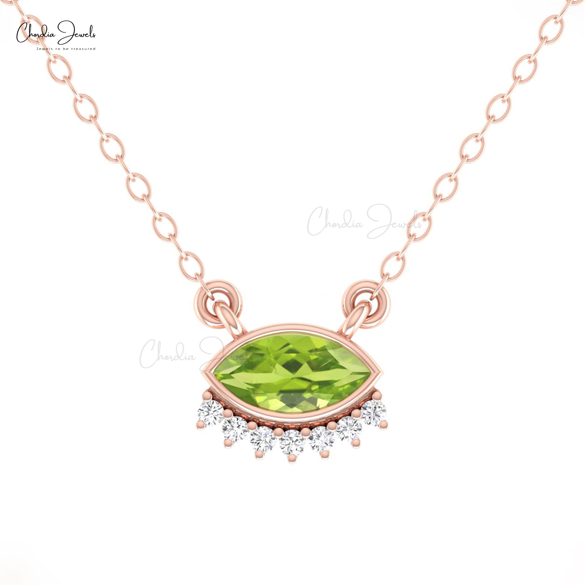 Delicate Floating Diamond Necklace With 7×3.5mm Peridot August Birthstone 14k Gold Necklace