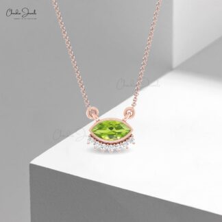 Delicate Floating Diamond Necklace With 7×3.5mm Peridot August Birthstone 14k Gold Necklace