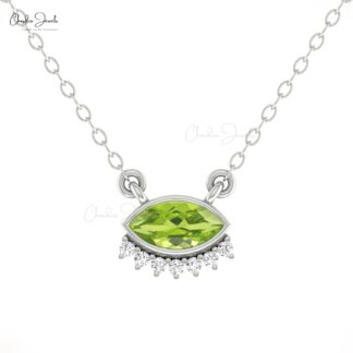 Delicate Floating Diamond Necklace With 7×3.5mm Peridot August Birthstone 14k Gold Necklace
