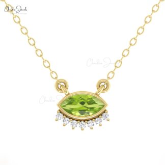 Delicate Floating Diamond Necklace With 7×3.5mm Peridot August Birthstone 14k Gold Necklace