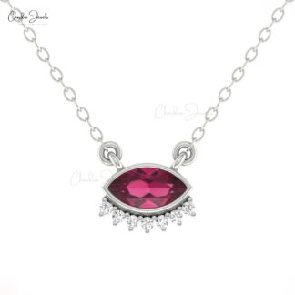 Dainty Diamond Evil Eye Necklace With 0.35 Ctw Rhodolite Garnet 14k Pure Gold Fine Jewelry