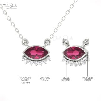 Dainty Diamond Evil Eye Necklace With 0.35 Ctw Rhodolite Garnet 14k Pure Gold Fine Jewelry