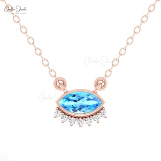 Diamond Floating Chain Necklace In Real 14k Gold Swiss Blue Topaz 0.35 Ct Marquise Jewelry