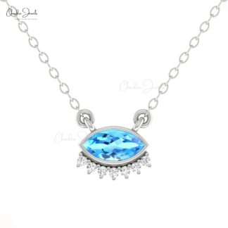 Diamond Floating Chain Necklace In Real 14k Gold Swiss Blue Topaz 0.35 Ct Marquise Jewelry