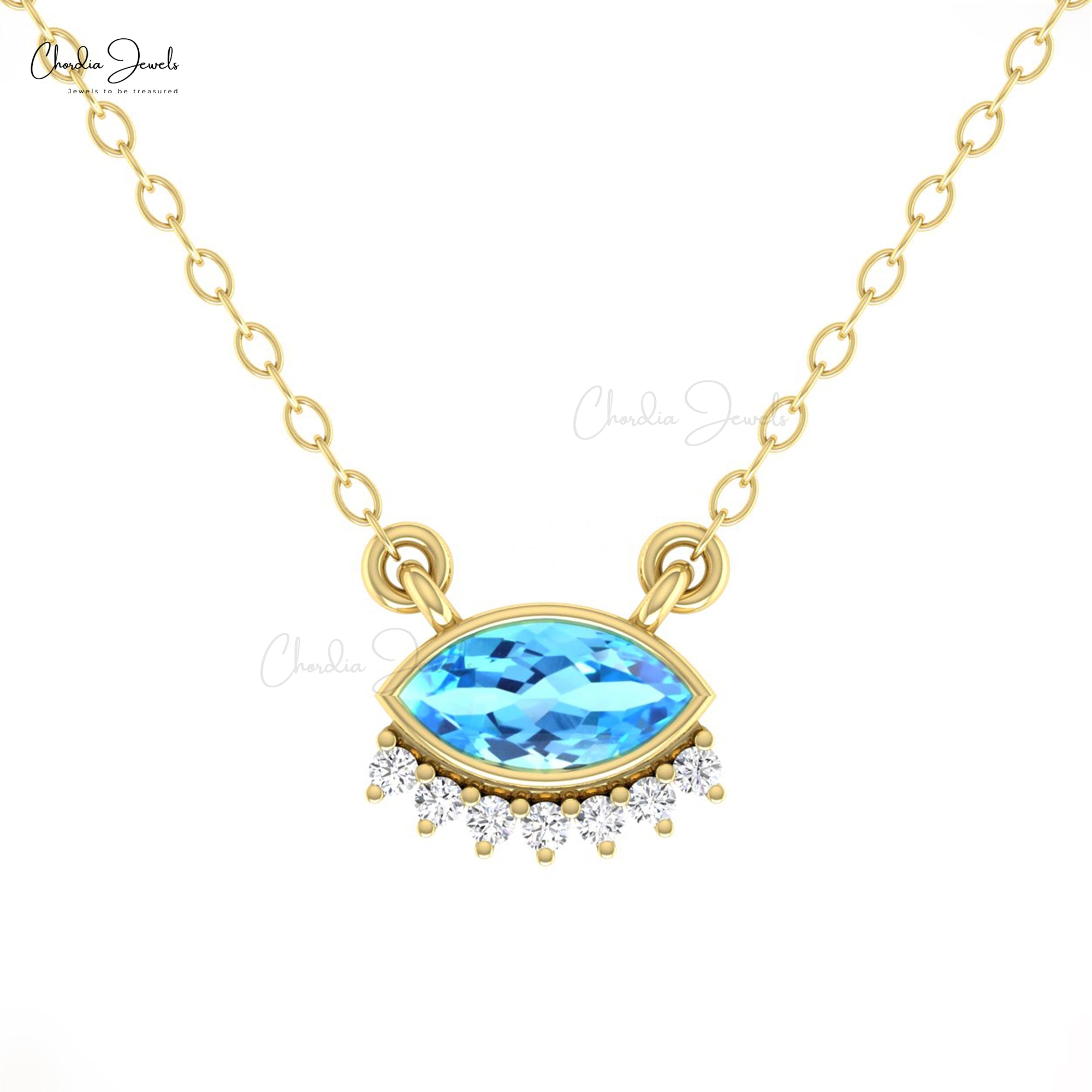 Diamond Floating Chain Necklace In Real 14k Gold Swiss Blue Topaz 0.35 Ct Marquise Jewelry