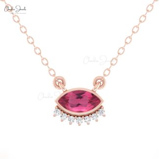 Floating Diamond Necklace In 14k Real Gold Pink Tourmaline Evil Eye Minimal Chain Necklace