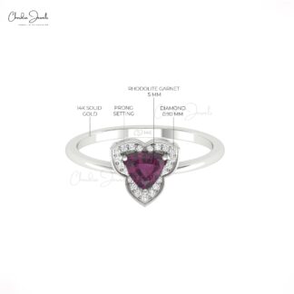 Diamond Halo Promise Ring In Pure 14k Gold Rhodolite Garnet 5mm Trillion Cut Rings