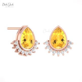 Two Birthstone Flare Earrings In Solid 14k Gold Citrine 1.26 Ct Gemstone Diamond Studs
