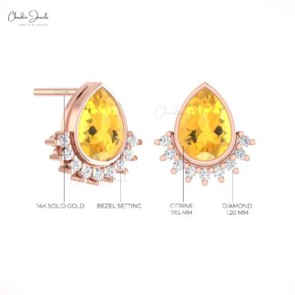 Two Birthstone Flare Earrings In Solid 14k Gold Citrine 1.26 Ct Gemstone Diamond Studs