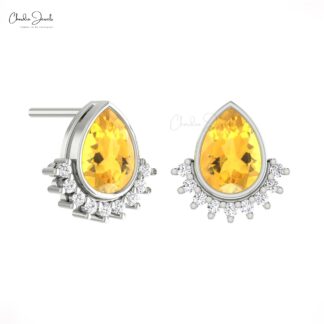 Two Birthstone Flare Earrings In Solid 14k Gold Citrine 1.26 Ct Gemstone Diamond Studs