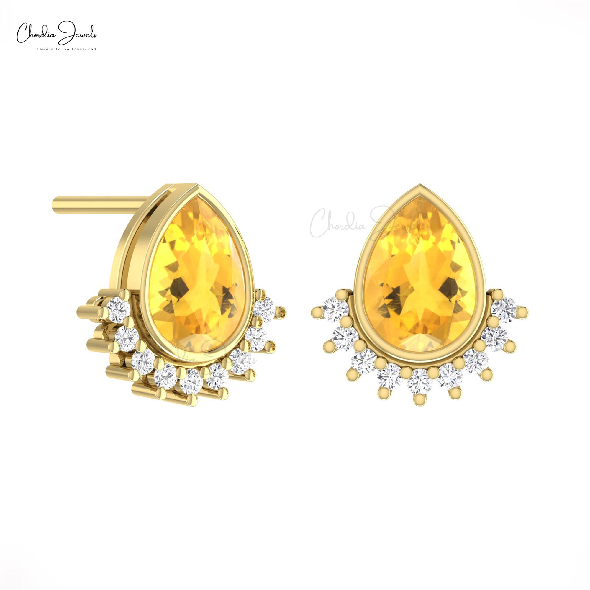 Two Birthstone Flare Earrings In Solid 14k Gold Citrine 1.26 Ct Gemstone Diamond Studs