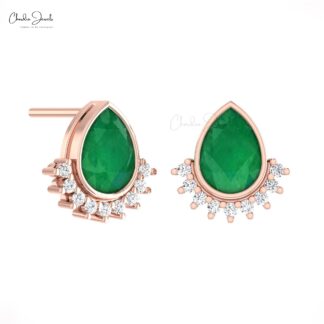Dainty Flare Studs In 14k Real Gold Zambian Emerald And Diamond Push Back Earrings