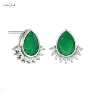 Dainty Flare Studs In 14k Real Gold Zambian Emerald And Diamond Push Back Earrings