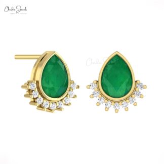 Dainty Flare Studs In 14k Real Gold Zambian Emerald And Diamond Push Back Earrings