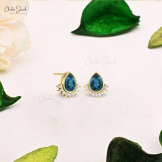 AAA London Blue Topaz Stud With Dainty Diamond Accents In 14k Real Gold Flare Earrings