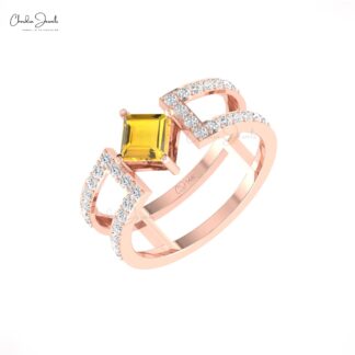 Dainty Diamond Dual Band With 0.6 Ct Citrine Prong Set In 14k Solid Gold Split Shank Ring
