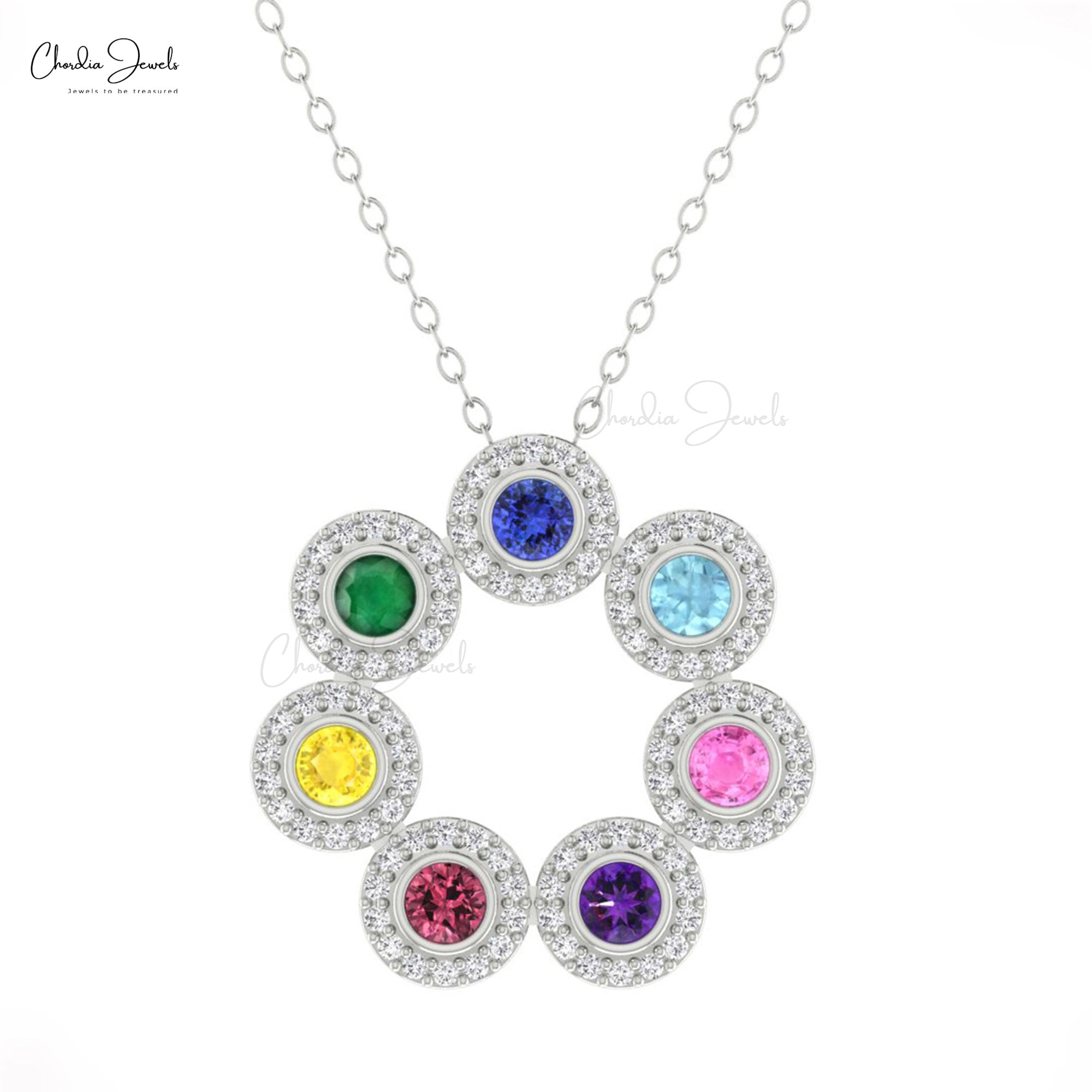 Rainbow Halo Diamond Necklace With 3mm Multi Stone Bezel Set In 14k Solid Gold Necklaces