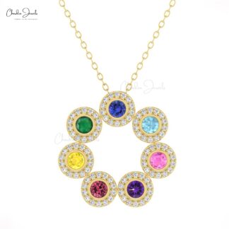 Rainbow Halo Diamond Necklace With 3mm Multi Stone Bezel Set In 14k Solid Gold Necklaces