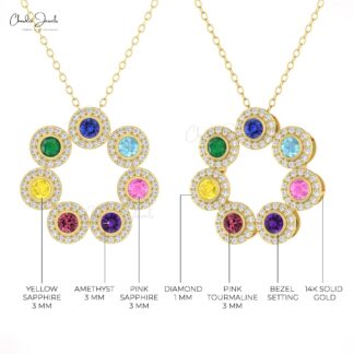Rainbow Halo Diamond Necklace With 3mm Multi Stone Bezel Set In 14k Solid Gold Necklaces
