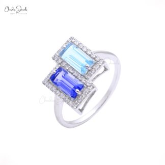 Cocktail Halo Diamond Ring In 14k Real White Gold Baguette Tanzanite And Aquamarine Rings
