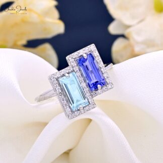 Cocktail Halo Diamond Ring In 14k Real White Gold Baguette Tanzanite And Aquamarine Rings