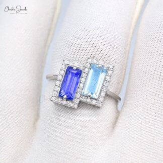 Cocktail Halo Diamond Ring In 14k Real White Gold Baguette Tanzanite And Aquamarine Rings
