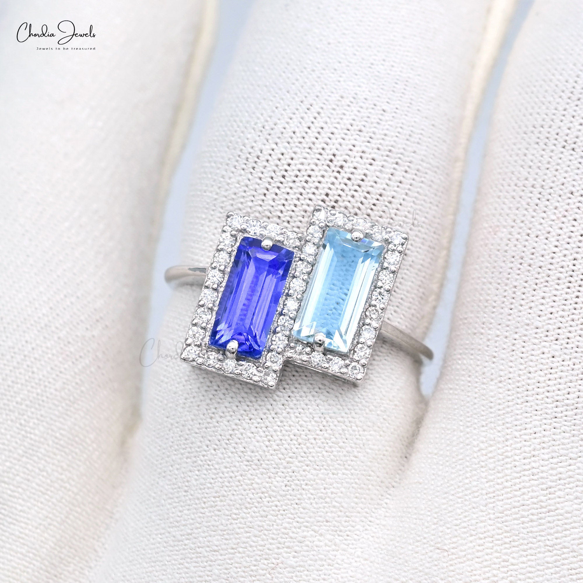 Cocktail Halo Diamond Ring In 14k Real White Gold Baguette Tanzanite And Aquamarine Rings