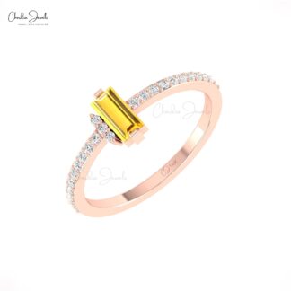 Real 14k Gold Baguette Dainty Ring With 0.32 Ct Citrine And Diamond Minimal Rings For Her