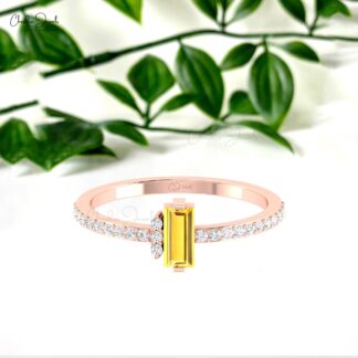 Real 14k Gold Baguette Dainty Ring With 0.32 Ct Citrine And Diamond Minimal Rings For Her