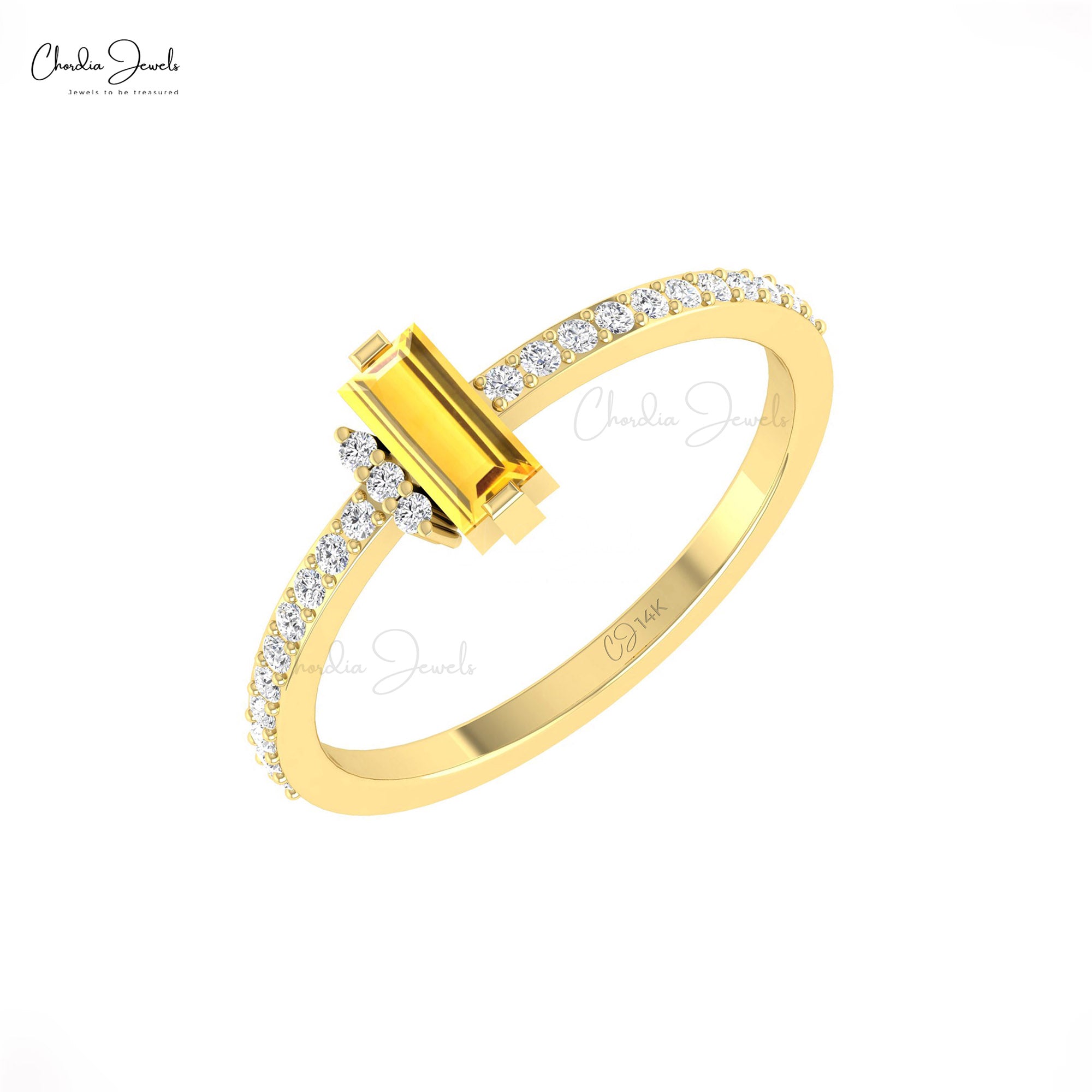 Real 14k Gold Baguette Dainty Ring With 0.32 Ct Citrine And Diamond Minimal Rings For Her