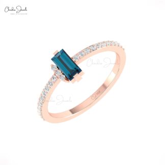 Baguette London Blue Topaz Ring In 14k Real Gold Pave Diamond Engagement Jewelry