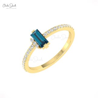 Baguette London Blue Topaz Ring In 14k Real Gold Pave Diamond Engagement Jewelry