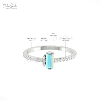 Baguette Engagement Ring In 14k Real Gold Fire Opal 6x3mm Gemstone Diamond Dainty Rings