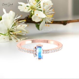 Baguette Proposal Ring With 6x3mm Rainbow Moonstone & Diamond 14k Pure Gold Dainty Rings