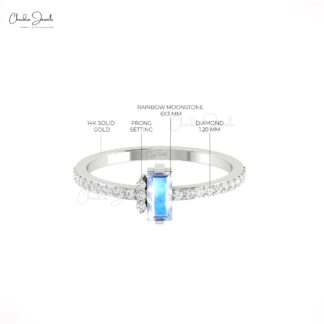 Baguette Proposal Ring With 6x3mm Rainbow Moonstone & Diamond 14k Pure Gold Dainty Rings