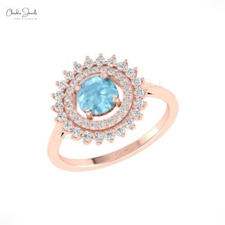 Floral Halo Diamond Ring In 14k Real Gold Aquamarine 6mm Round And G-H Diamond Rings