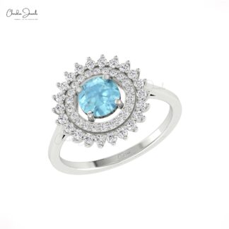 Floral Halo Diamond Ring In 14k Real Gold Aquamarine 6mm Round And G-H Diamond Rings