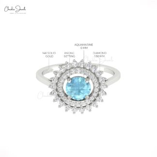 Floral Halo Diamond Ring In 14k Real Gold Aquamarine 6mm Round And G-H Diamond Rings