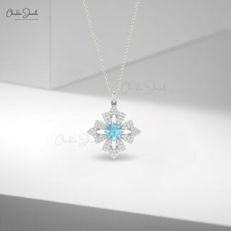 Dangle Unique Pendant In Pure 14k Gold Aquamarine And Diamond Floral Hallmark Necklace