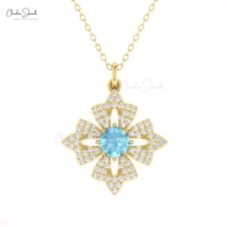 Dangle Unique Pendant In Pure 14k Gold Aquamarine And Diamond Floral Hallmark Necklace