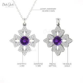Dual Birthstone Floral Pendant With 5mm Amethyst And Diamond 14k Real Gold Fine Jewelry