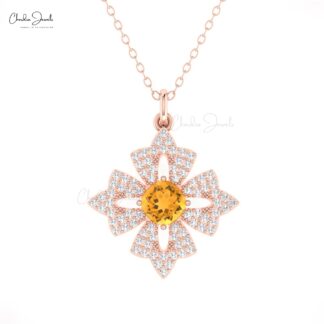 Real 14k Gold Daisy Diamond Pendant With 5mm Citrine November Birthstone Dangle Necklace