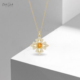 Real 14k Gold Daisy Diamond Pendant With 5mm Citrine November Birthstone Dangle Necklace