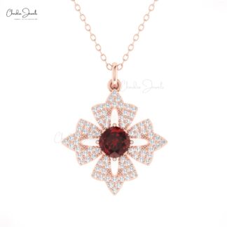 Dainty Cluster Diamond Pendant In Real 14k Gold Red Garnet 5mm Gemstone Floral Pendants